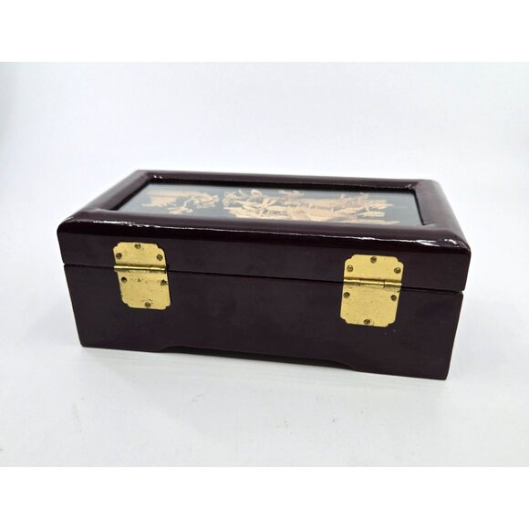 Vintage wood Asian Laquered Jewelry Box With Intricate 3D Bamboo Art Design & Gl - Picture 6 of 9